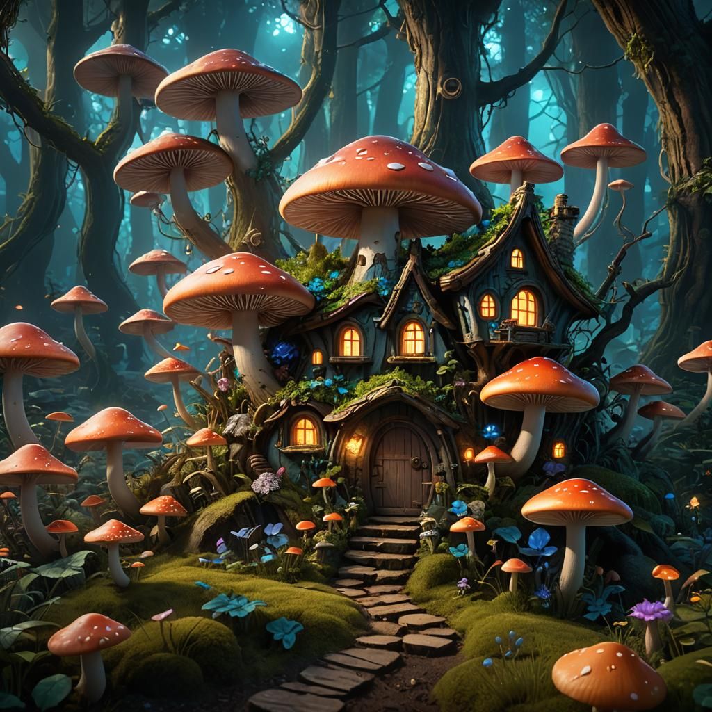 Enchanted Bioluminescent Forest: Fairy Mushroom House