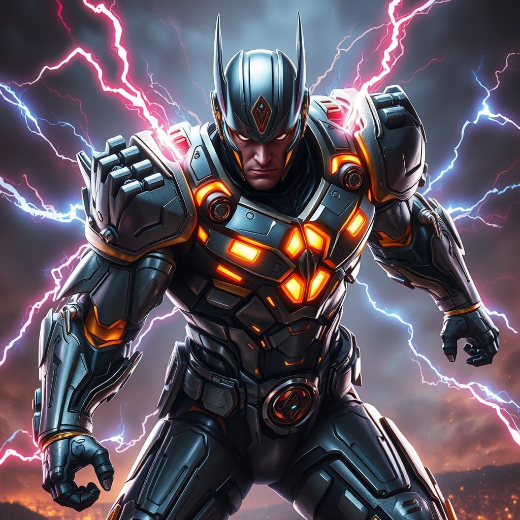Magnetic Superhero in Powerful Fighting Stance with Electrom...