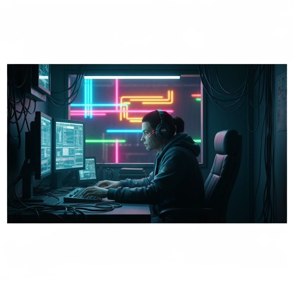 Cyberpunk Hacker in Neon-Lit Digital World