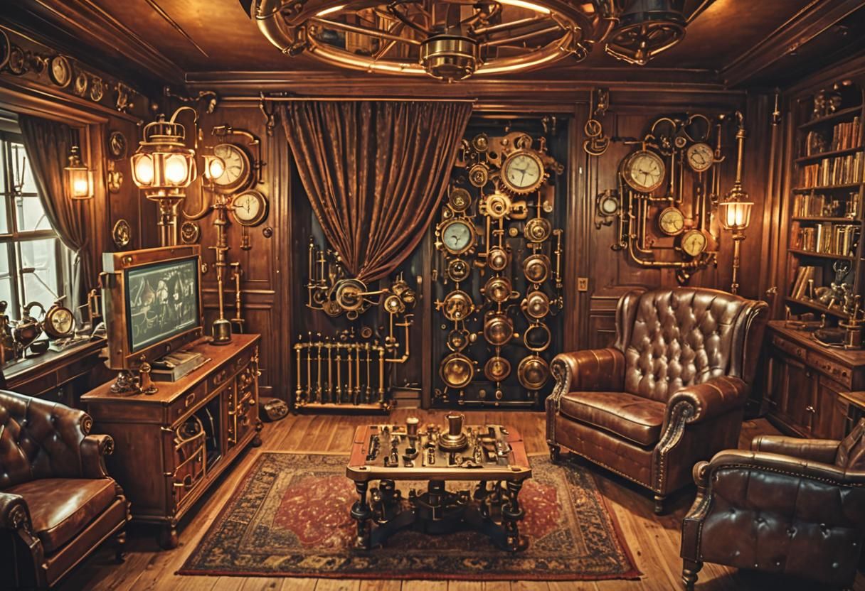 Steampunk Living Room with Clockwork and Vintage Sci-Fi