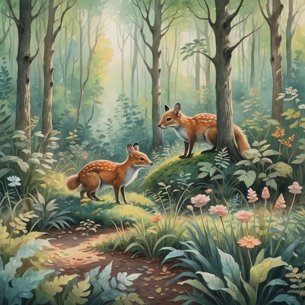 Pastel Forest Scene with Two Small Animals
