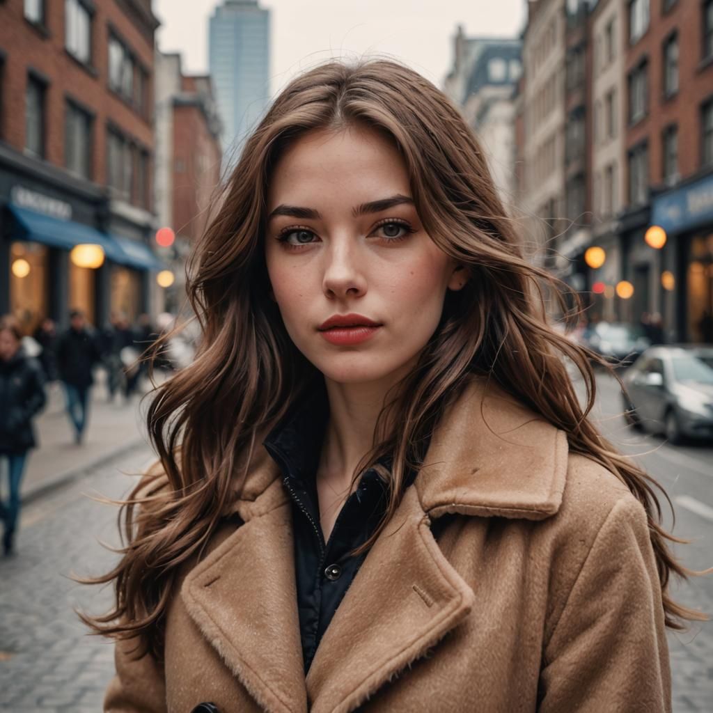 Realistic Portrait of Woman in City with Blurred Background