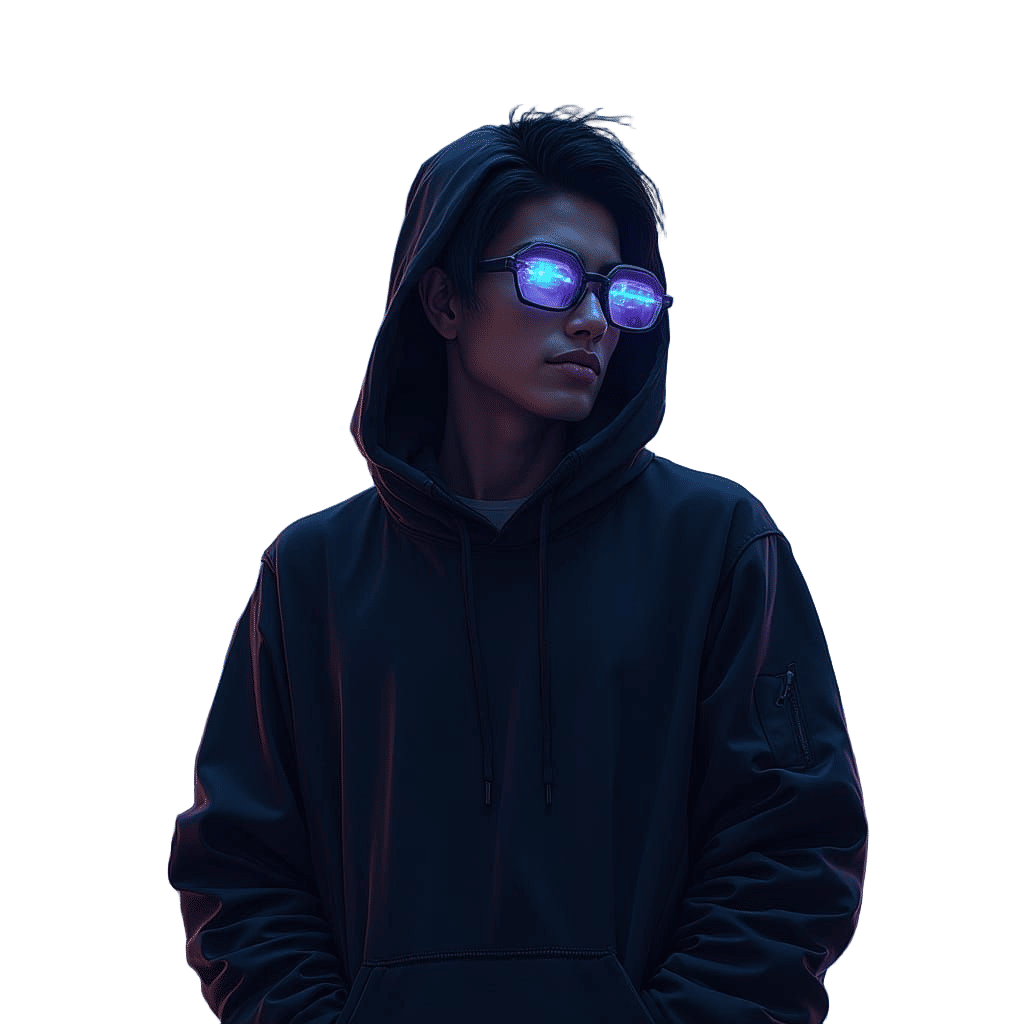 Tech Enthusiast in Cyberpunk Cityscape, Neon Art