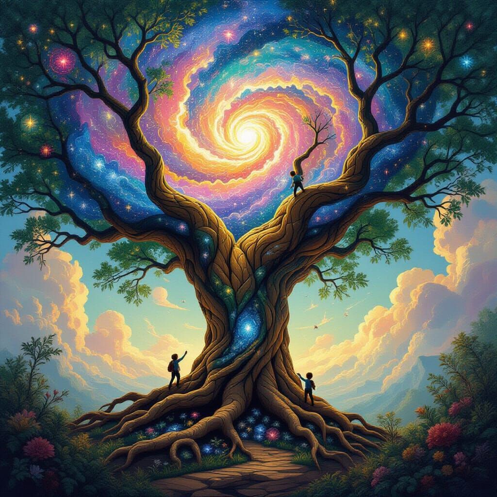 Cosmic Tree in Galactic Landscape Oil Painting