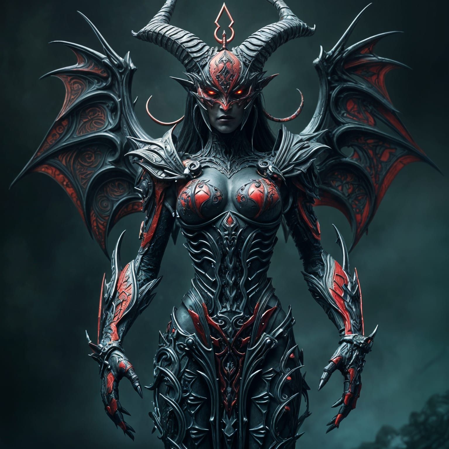 An evil, horrifically deformed demonic goddess with a large chest and adorned in deeply imbedded metallic tribal tattoos...