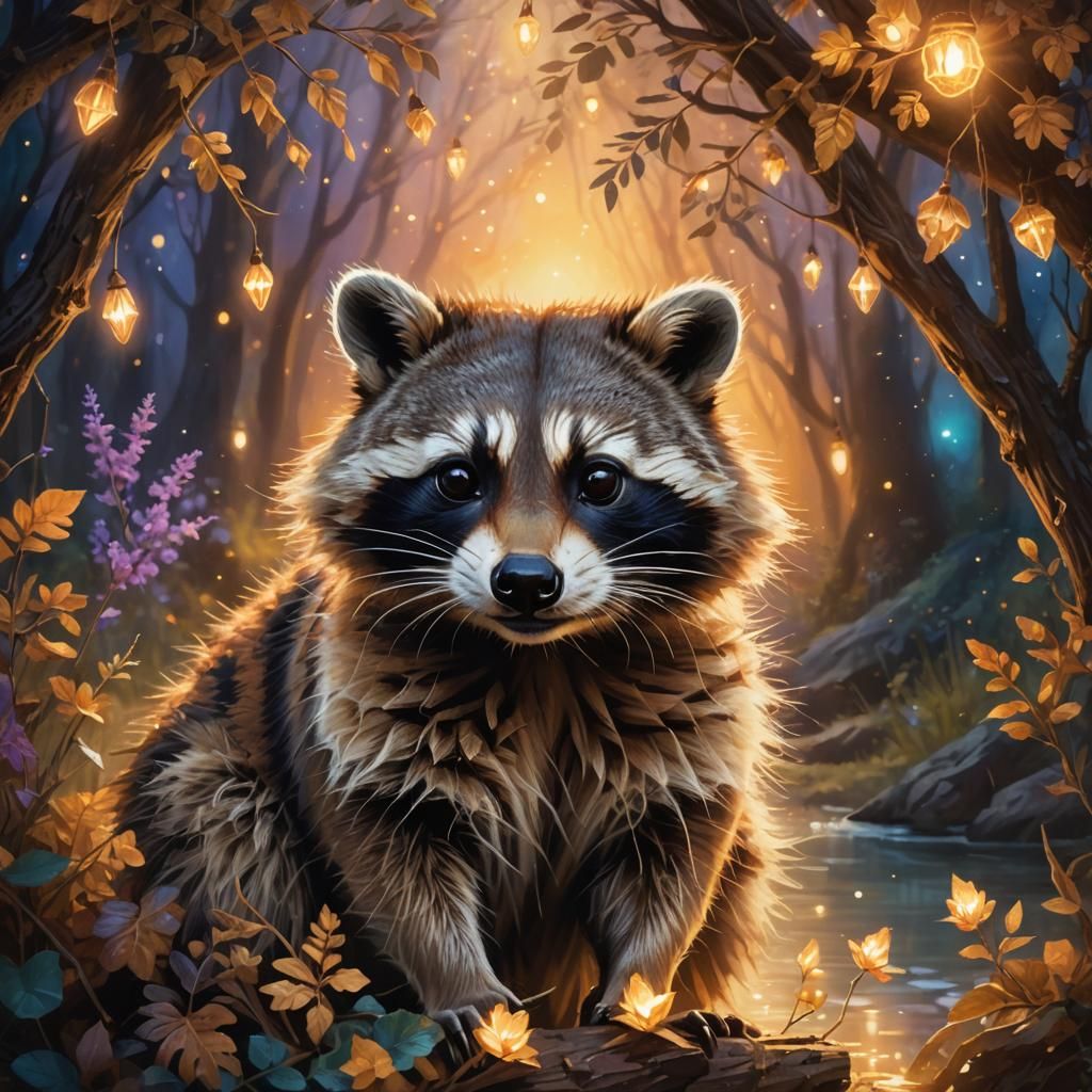 Mystical Raccoon Sorting Memories in Dreamlike Setting