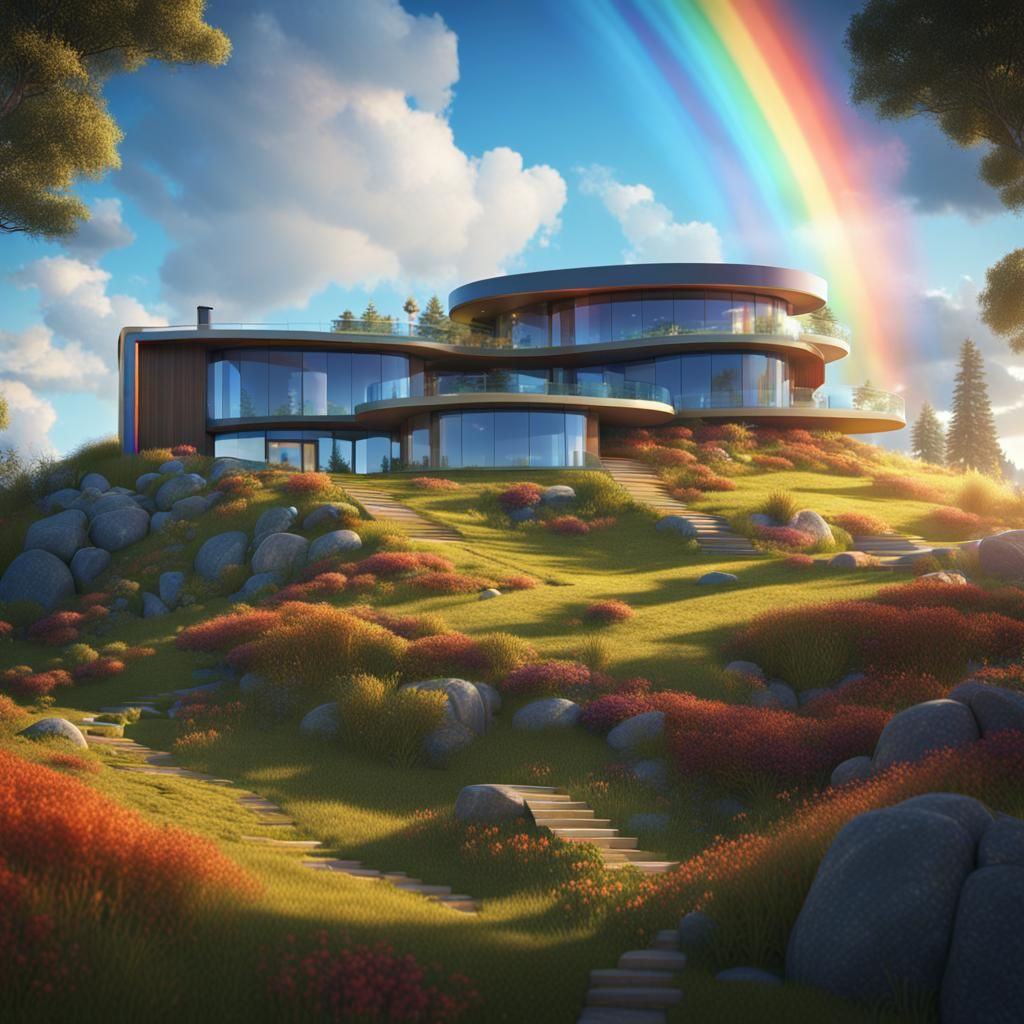 Modern Hillside Home with Rainbow: Digital Art