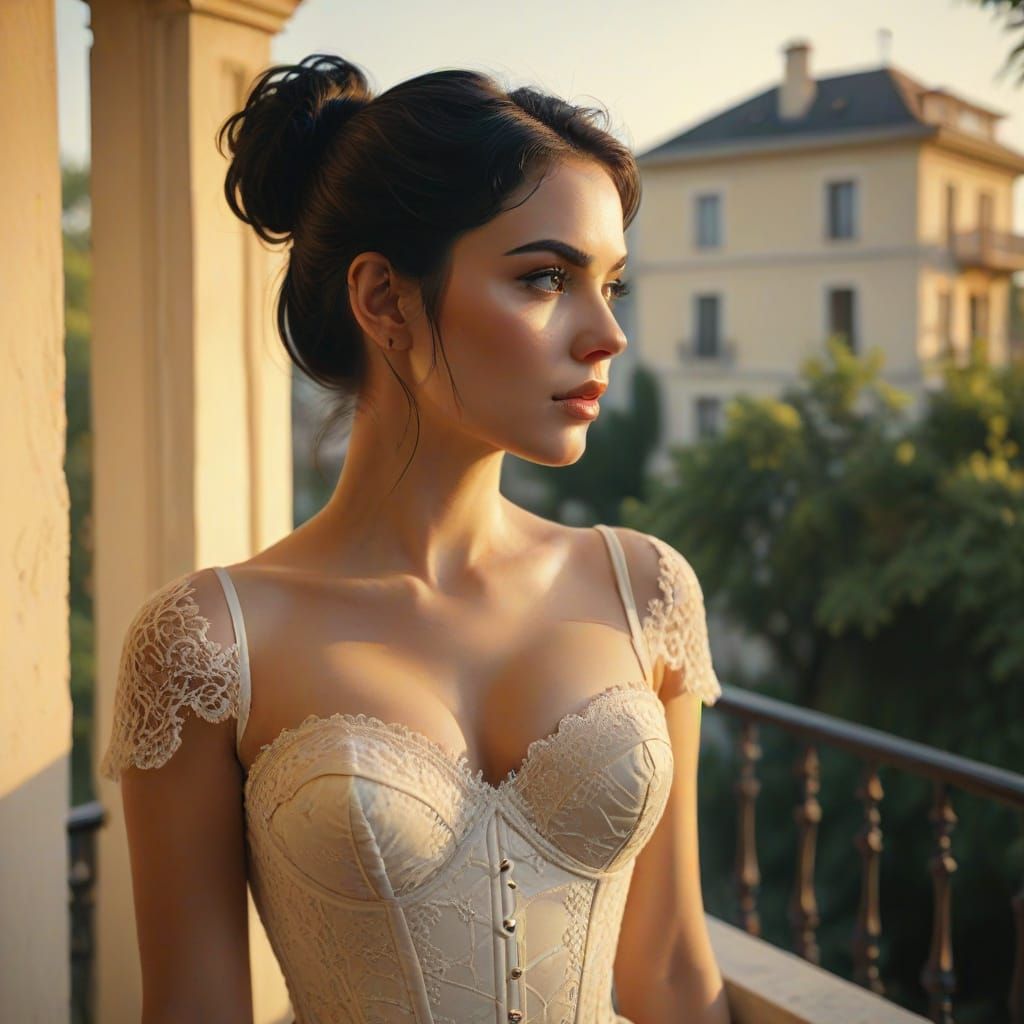 Woman in Lace Corset on Villa Balcony: Retro Oil Painting