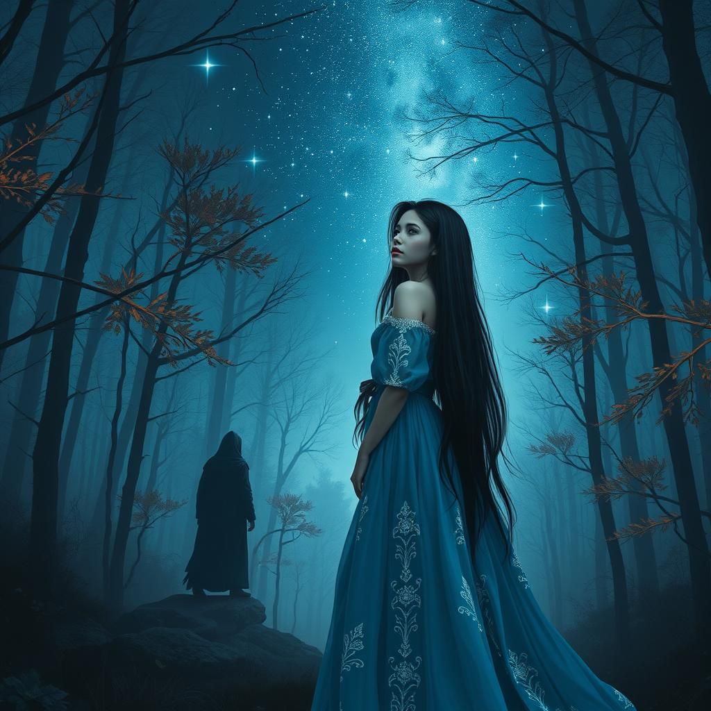 Mysterious Woman in Forest Under Starry Night
