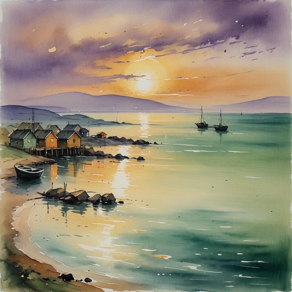 Golden Dawn Over Sea: Modern European Ink Painting