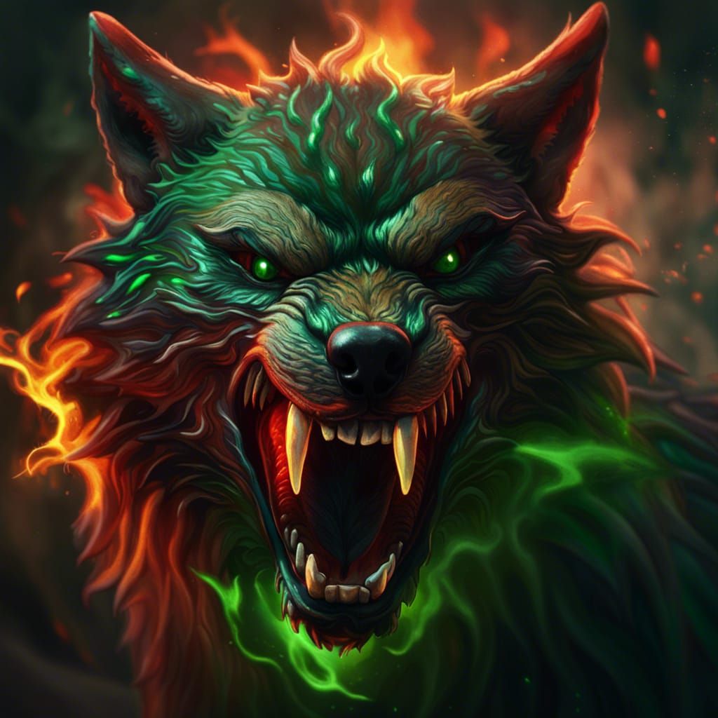 Red Wolf Unleashes Green Fire, Detailed Fantasy Art