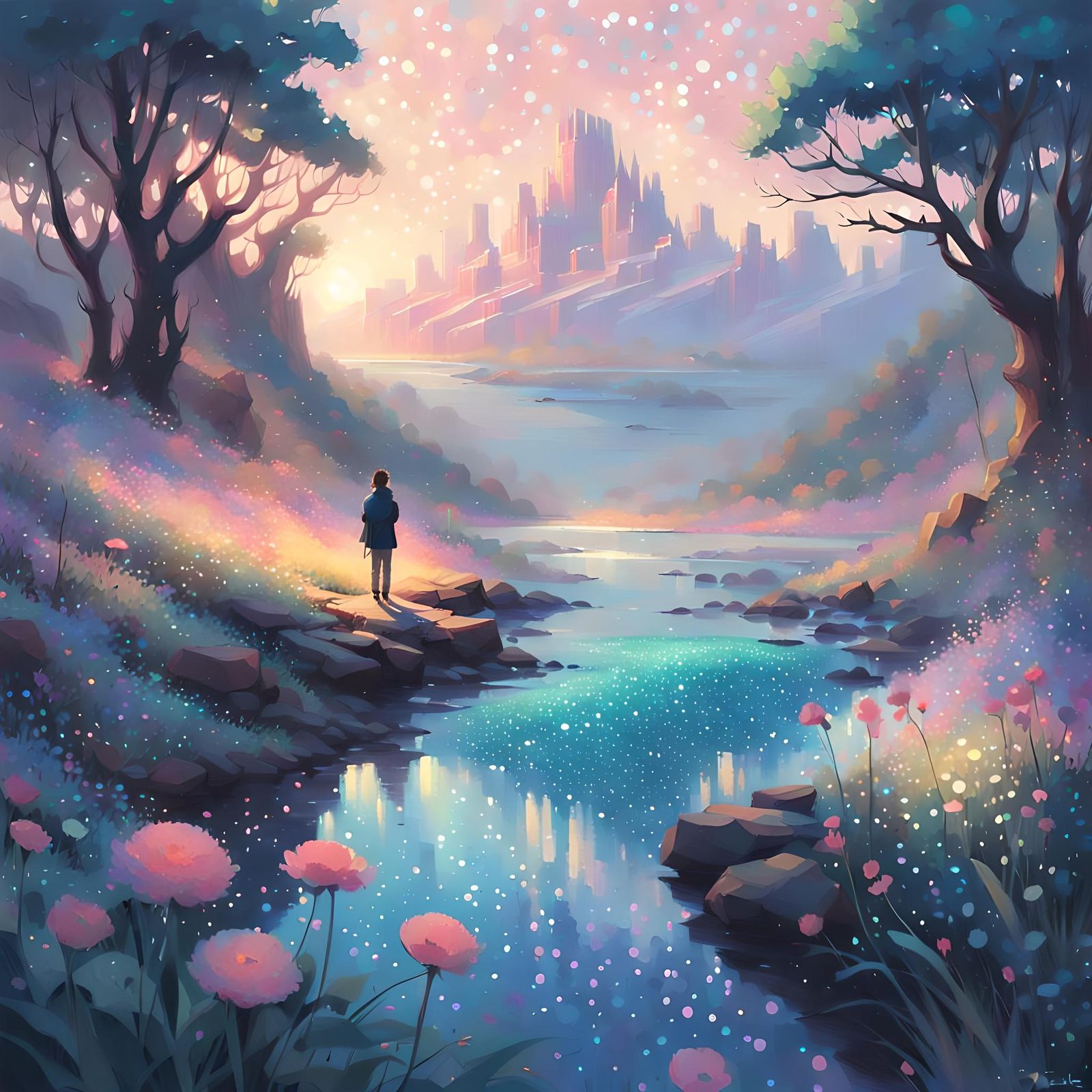 Ethereal Pointillist Landscape in Guweiz Style