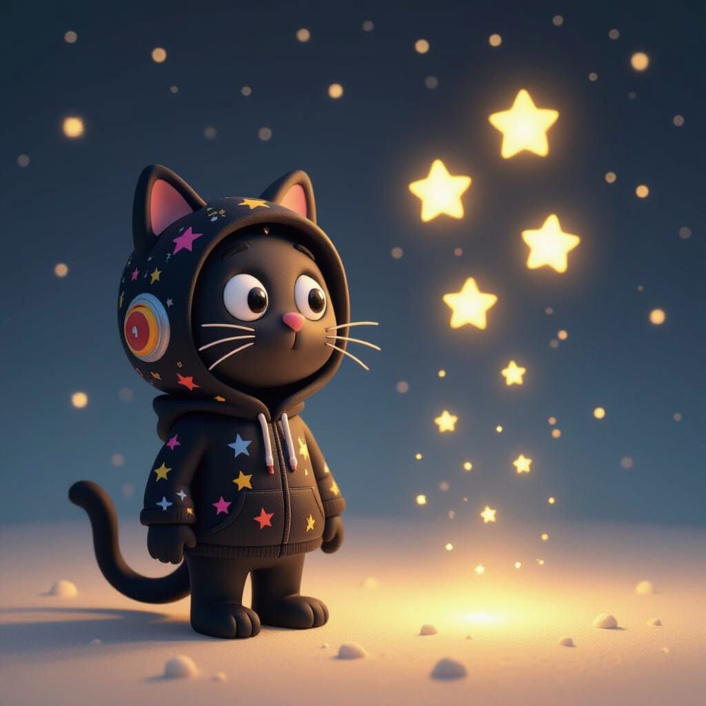 Claymation Cat in Cosmic Space, Inspired by Pixar
