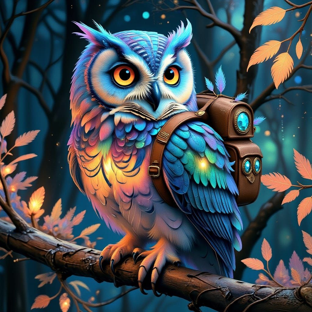 Rainbow Opal Owl with Backpack in Oil Paint Style