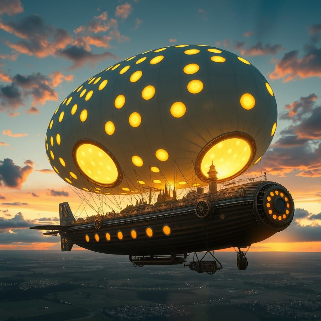 Majestic steampunk airship with enormous polka-dot balloon sails