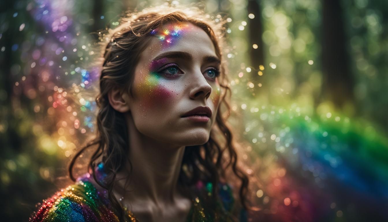 Rainbow Fairy Creates Sparkling Swirl in Forest