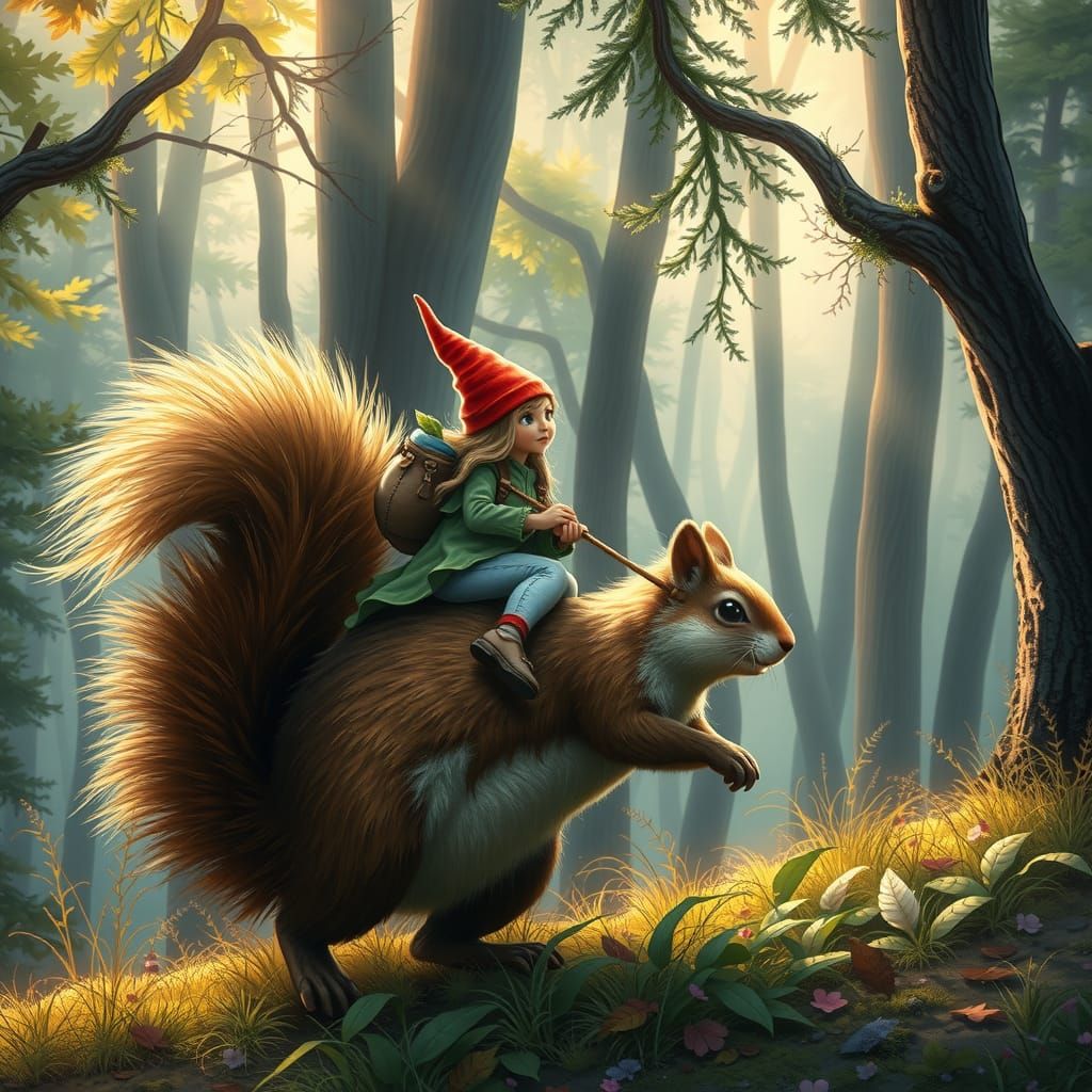 Gnome Girl Rides Squirrel in Forest Sunlight