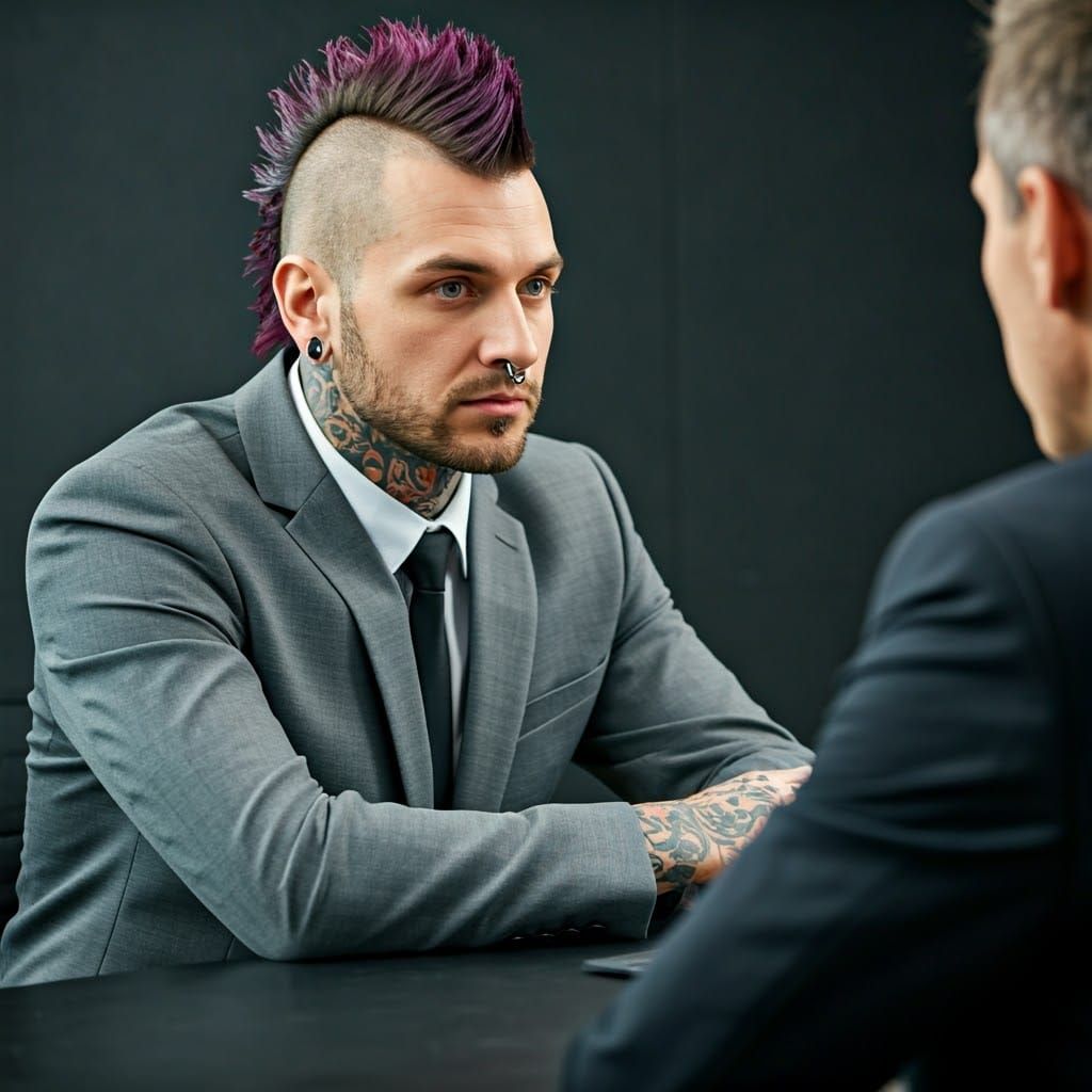 Punk Man Job Interview in Business Office
