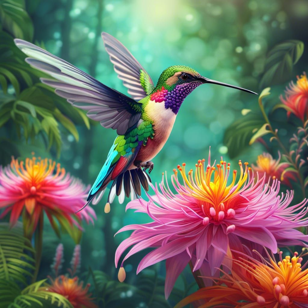 Pastel Hummingbird with Exotic Flower, Matte Painting