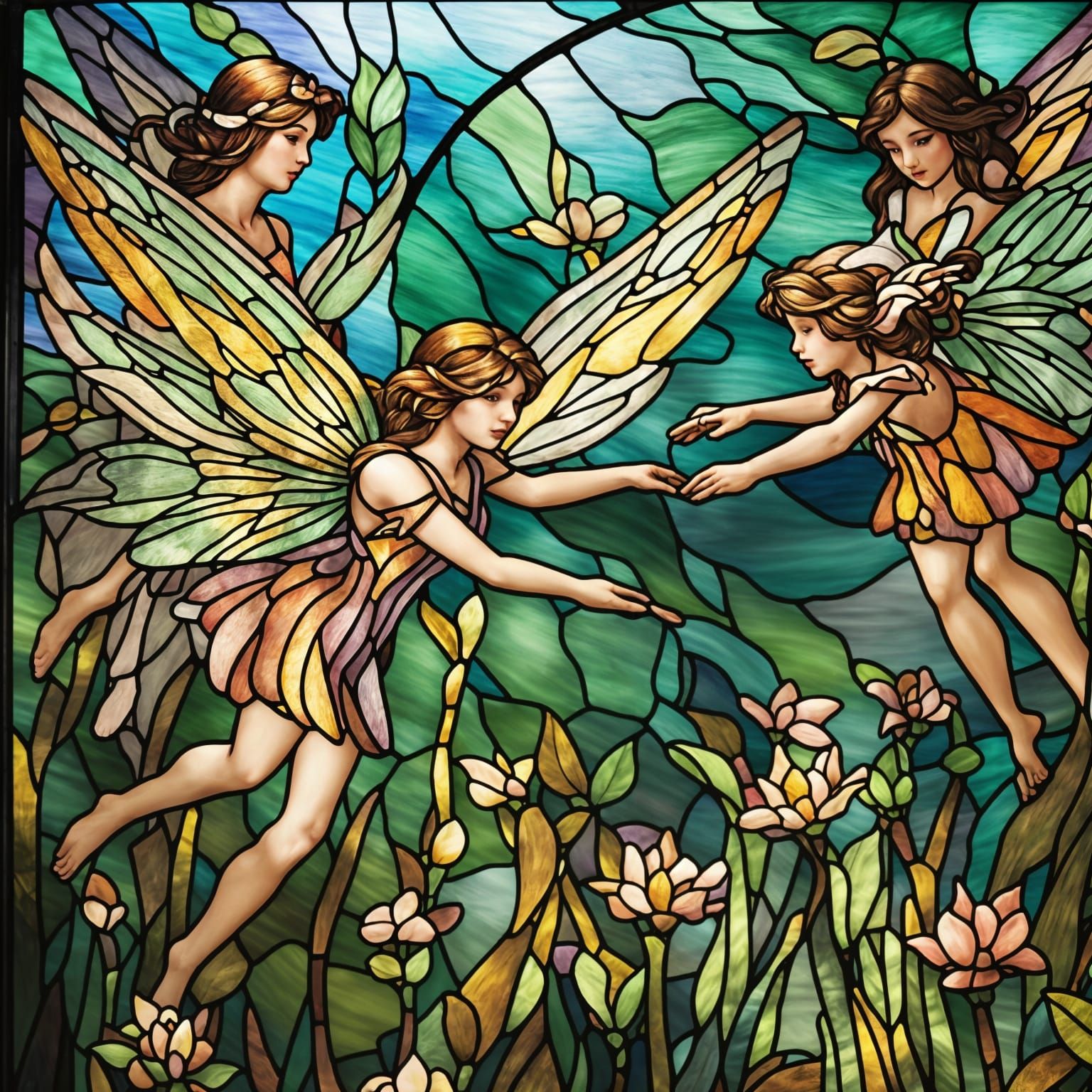 Glowing Stained Glass Fairies in Lush Meadow