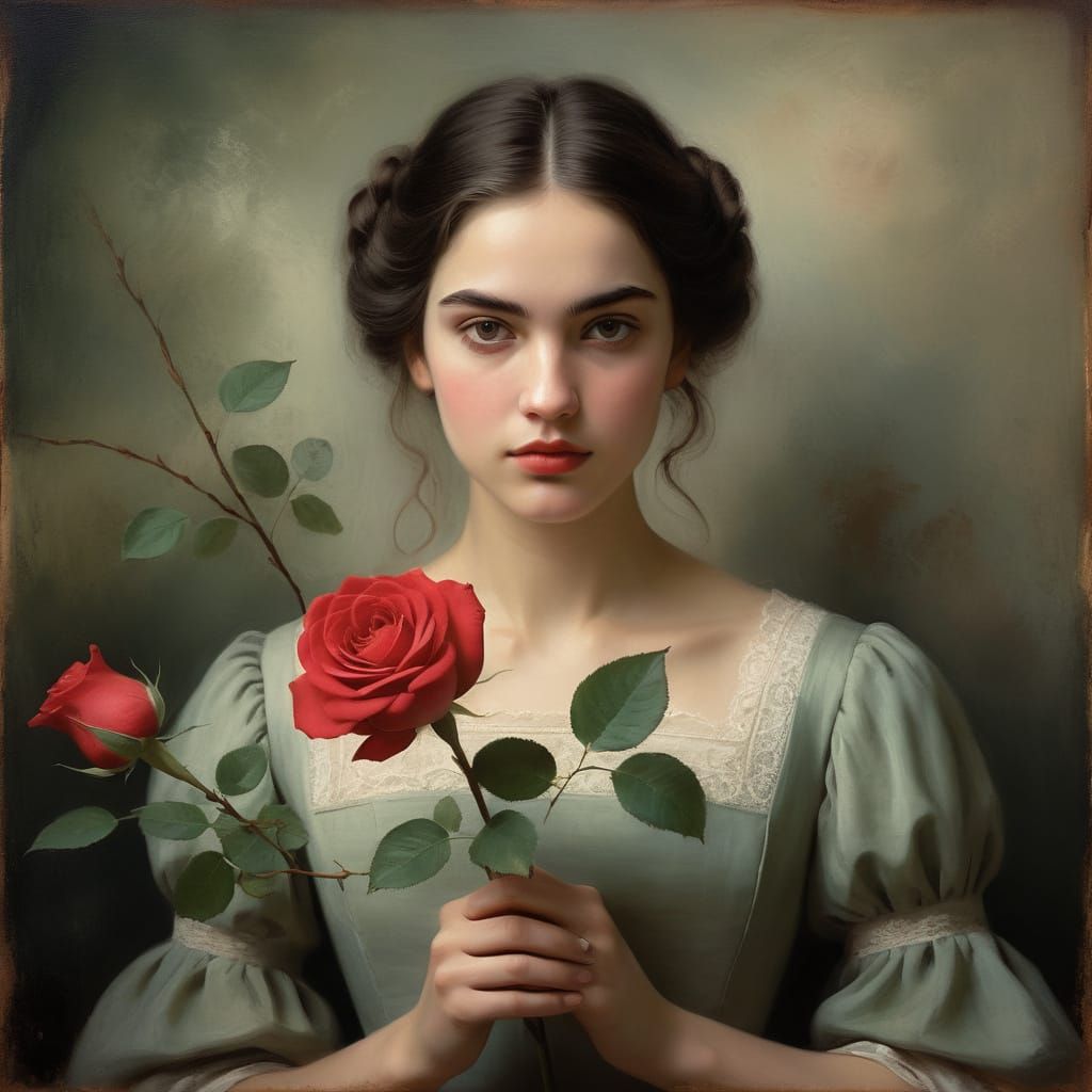 Romantic Oil Painting: Woman with Red Rose in Vintage Style