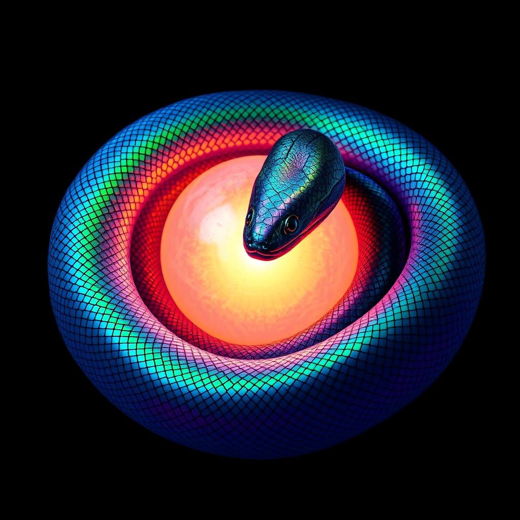 Iridescent Snake with Orb in Surrealist Style