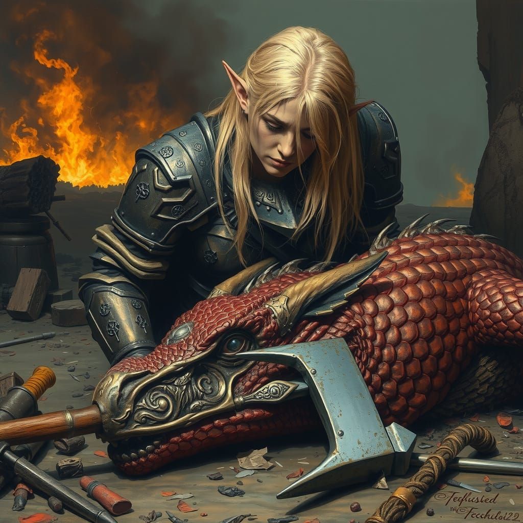 Medieval Elf Offers Comfort to a Wounded Dragon