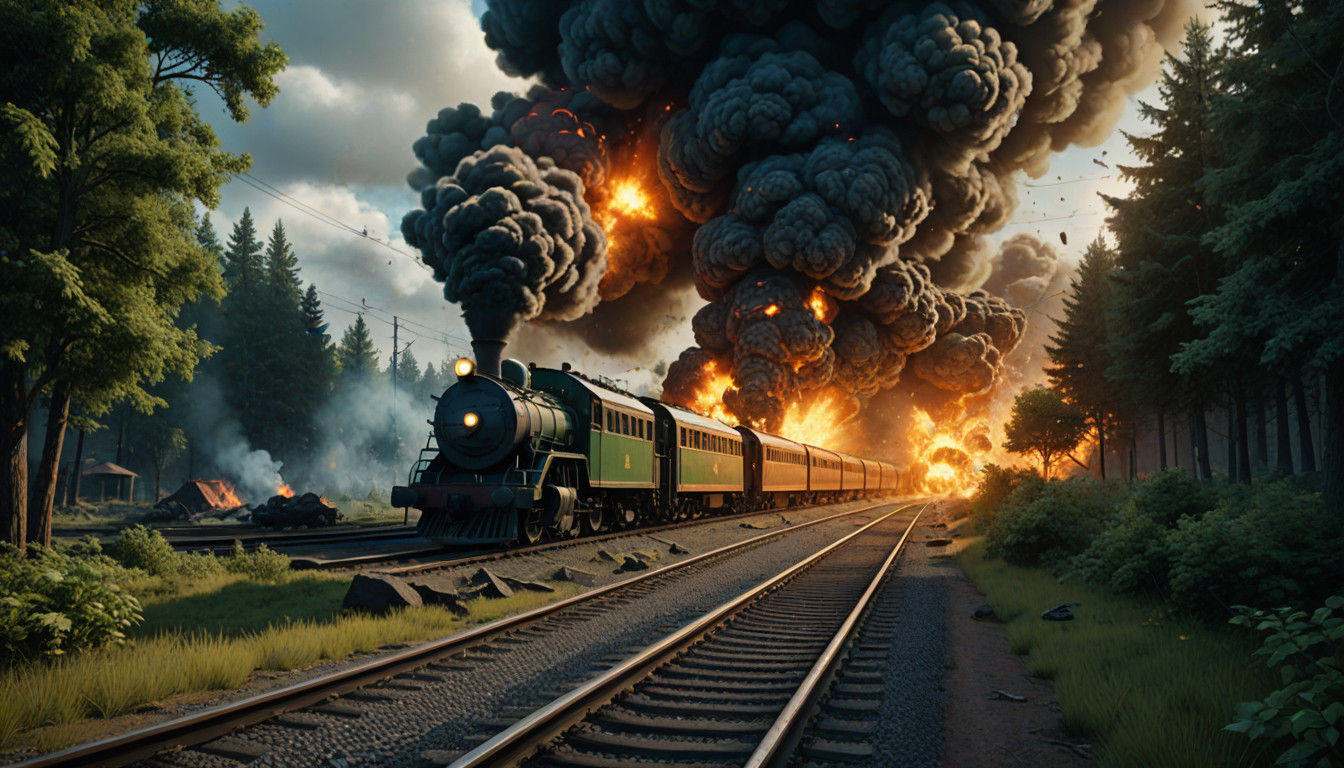 Dramatic Matte Painting of Train Disaster in a Dense Forest