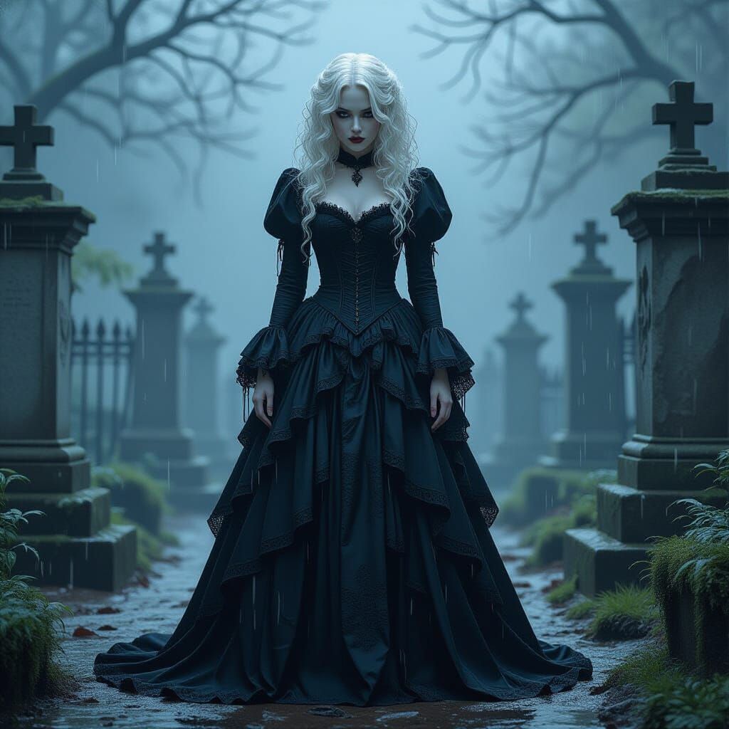 Mournful Albino Demoness in Gothic Cemetery, Dark Surrealism