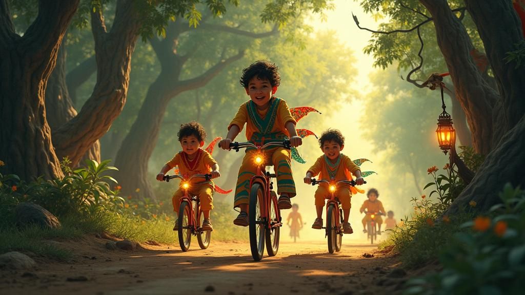 Children Ride Lantern Bikes in Dreamlike World