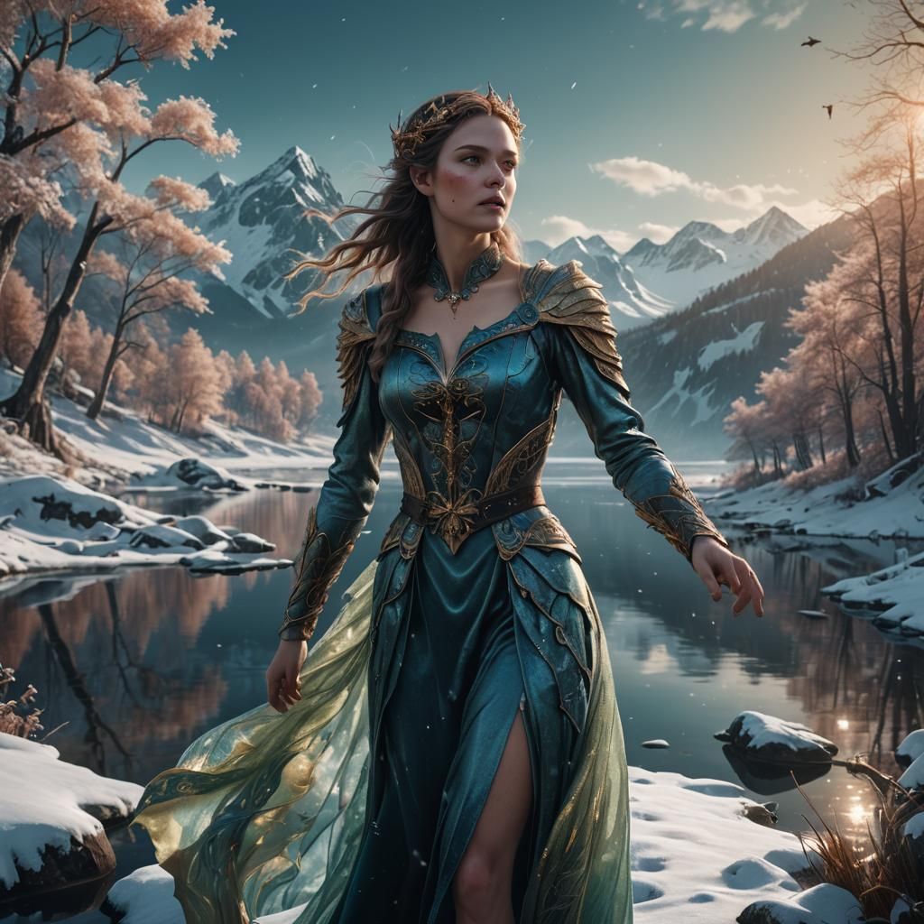 Surreal Winter Fairy Near Lake: Detailed Matte Painting