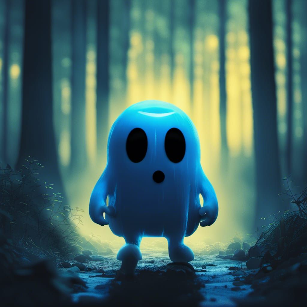 Cute Blue Pac-Man Ghost in Cyberpunk Forest