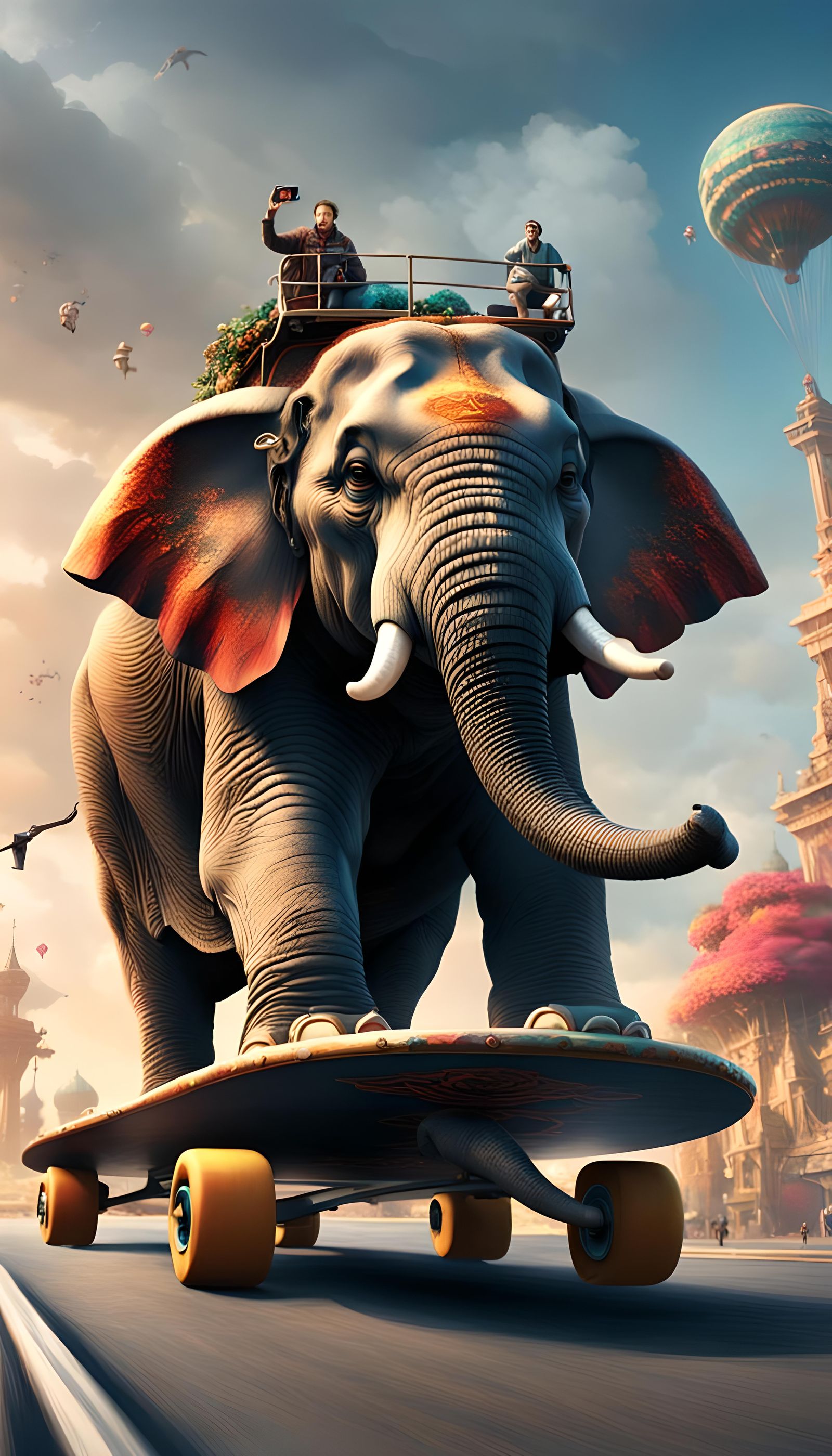 Elephant Rides Skateboard: Detailed Matte Painting