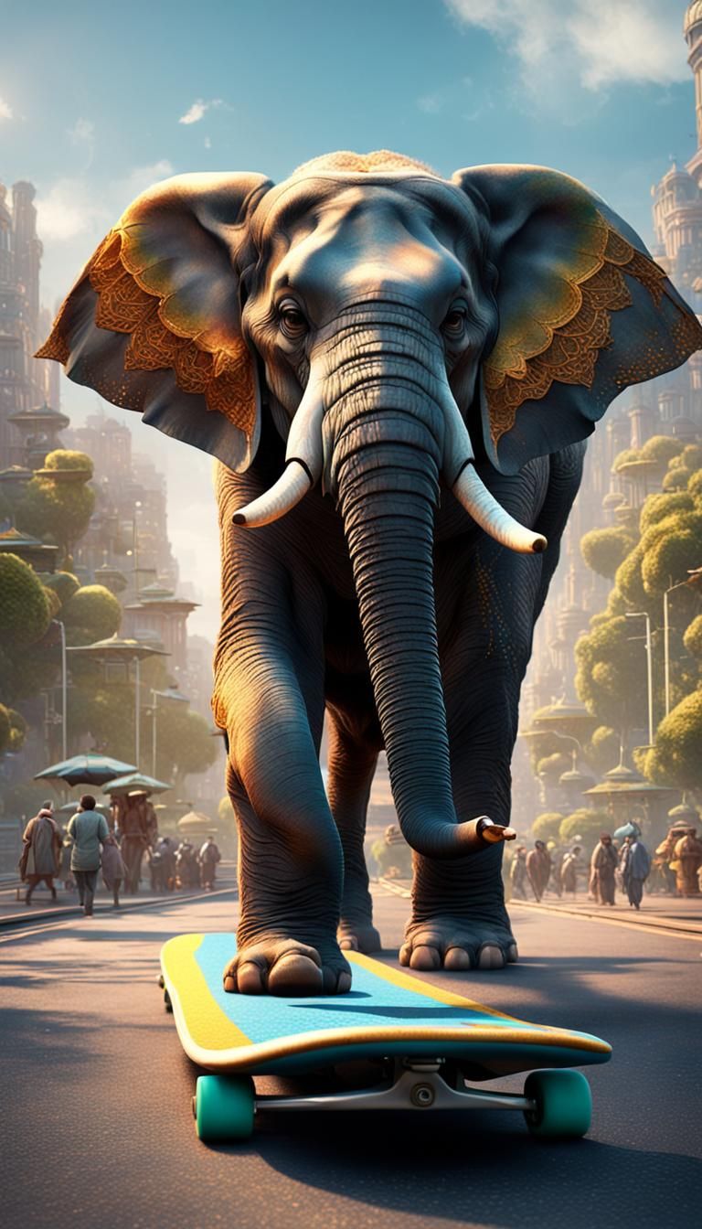 Elephant Rides Skateboard: Detailed Fantasy Art