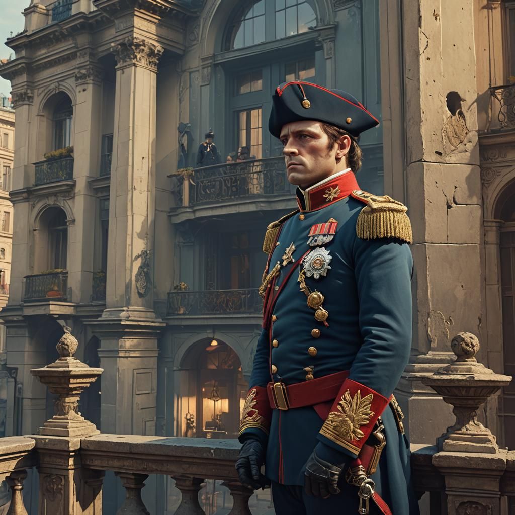 Napoleon Gazes at Futuristic Cityscape: Baroque Digital Art