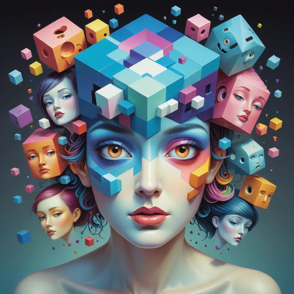 Enchanting Faces in a Whimsical 3D Cube