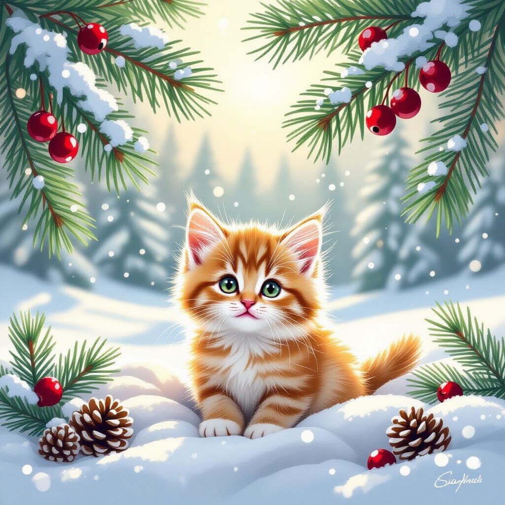 Cute Ginger Kitten Among Snow-Dusted Pine Branches