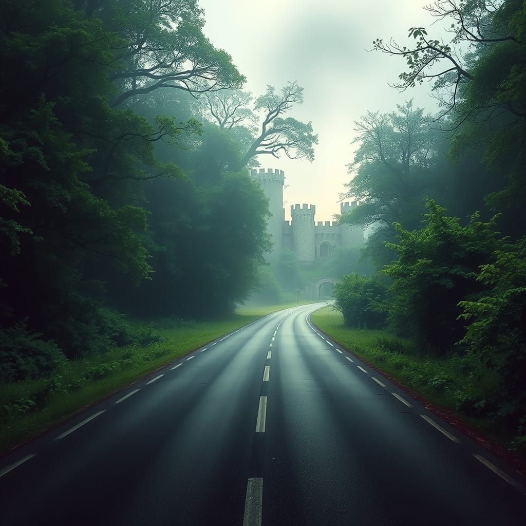 Medieval Road Amidst a Lush, Emerald Forest