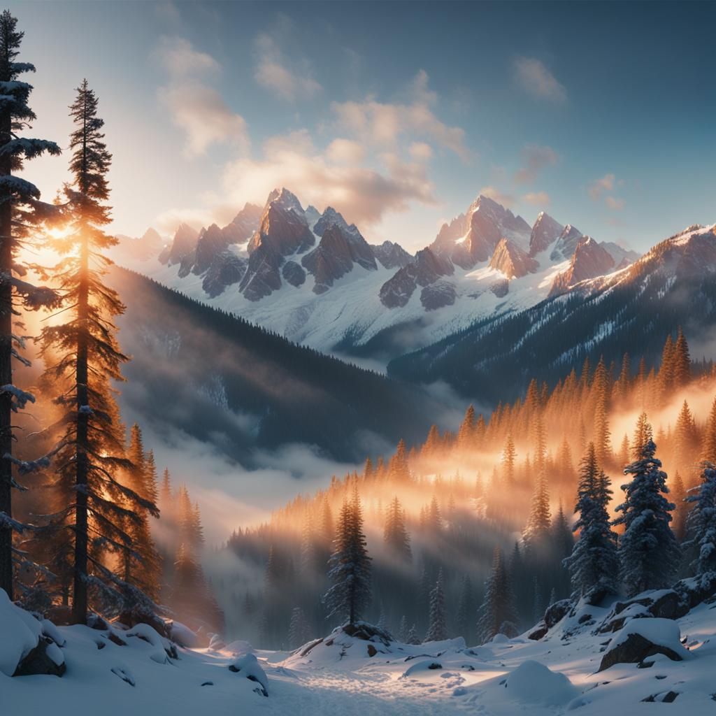 Cinematic Snow-Capped Mountains at Sunrise