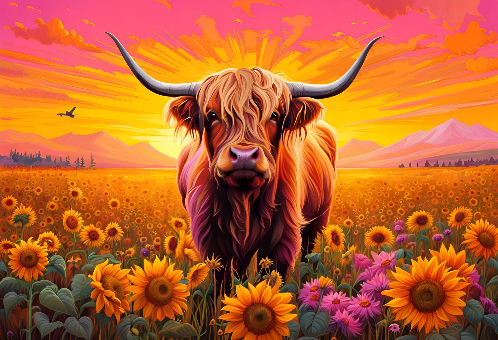 highland Cow in sunflower Field at sunrise