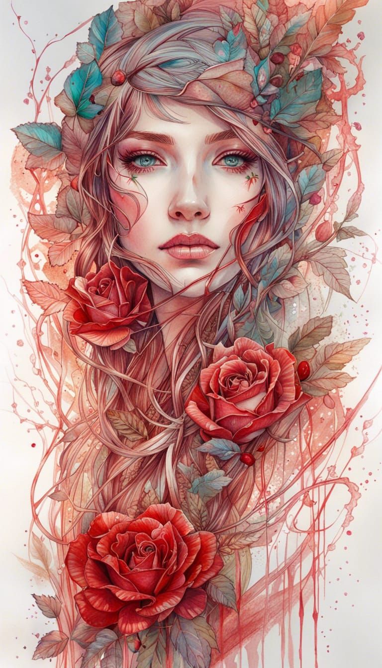 Anime-Style Rose Woman in Colored Pencil