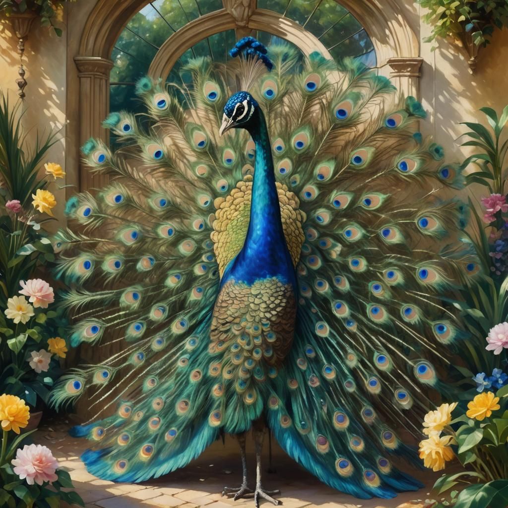 Peacock in Baroque Garden: Vermeer-Inspired Oil Painting