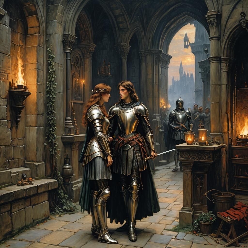 Romantic Knight and Girl in Dark Castle Interior
