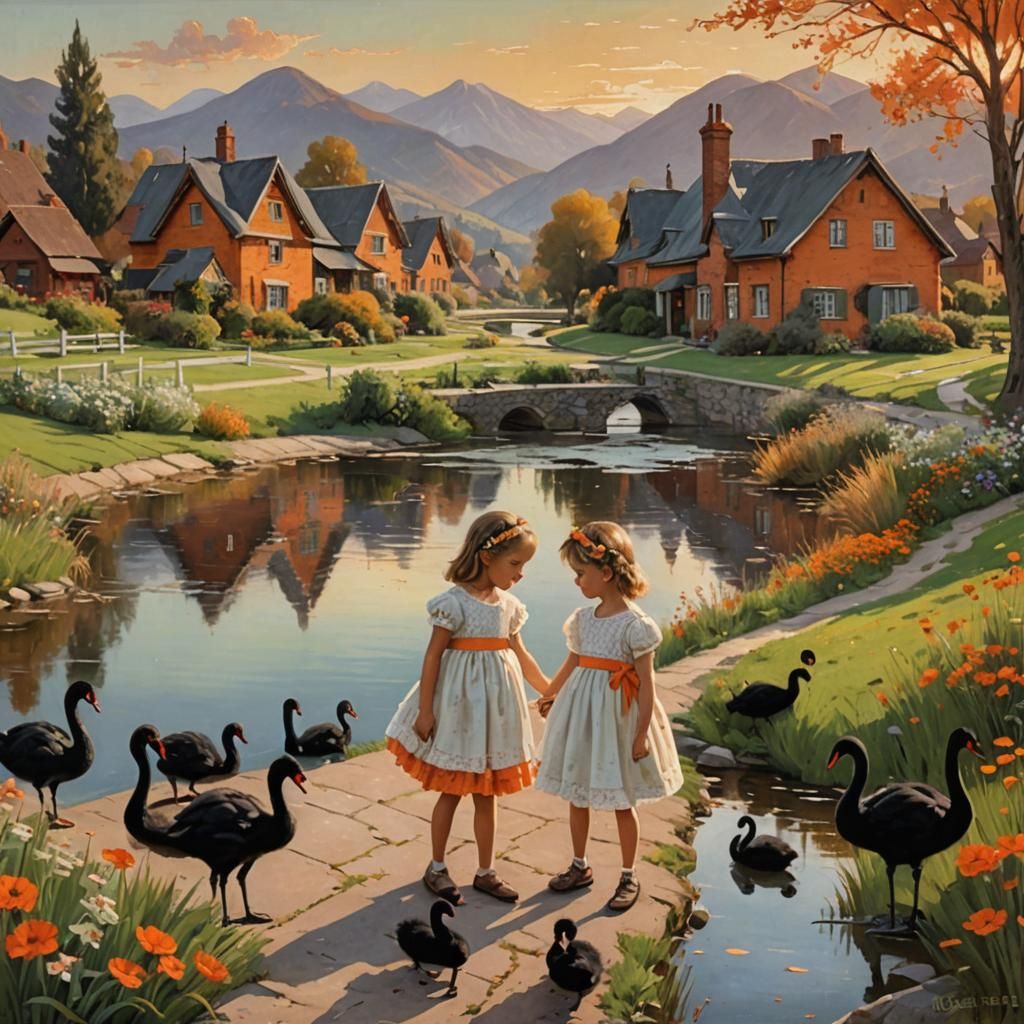 Girl with Black Swan, River Landscape, Oil Painting