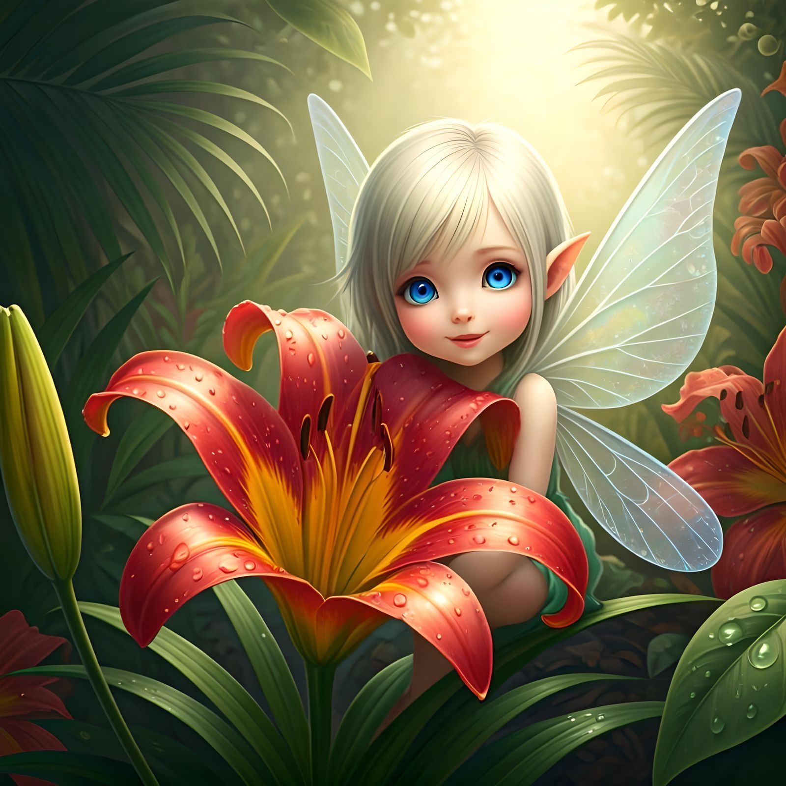 Whimsical Fairy with Iridescent Wings in Enchanted Forest