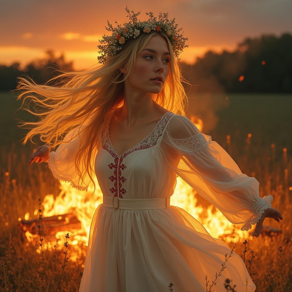 Slavic Woman Dancing by Fire, Romantic Illustration