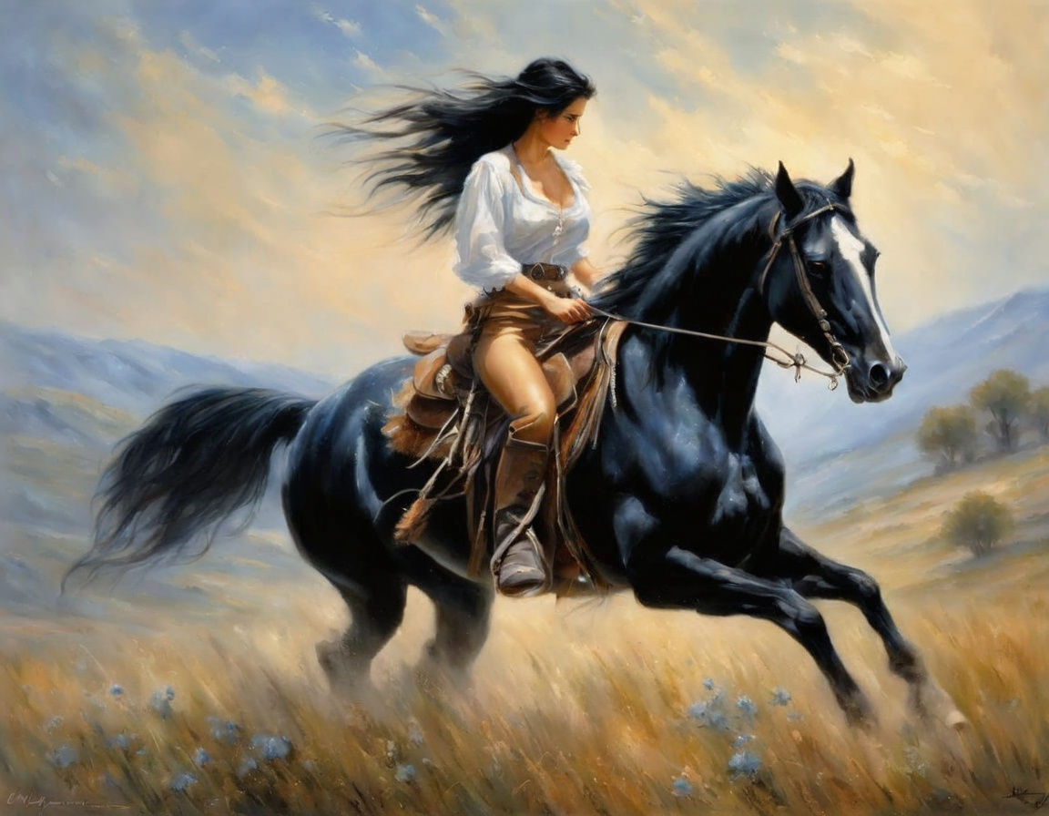 Galloping Cowgirl in a Mountain Meadow Impressionist Masterp...