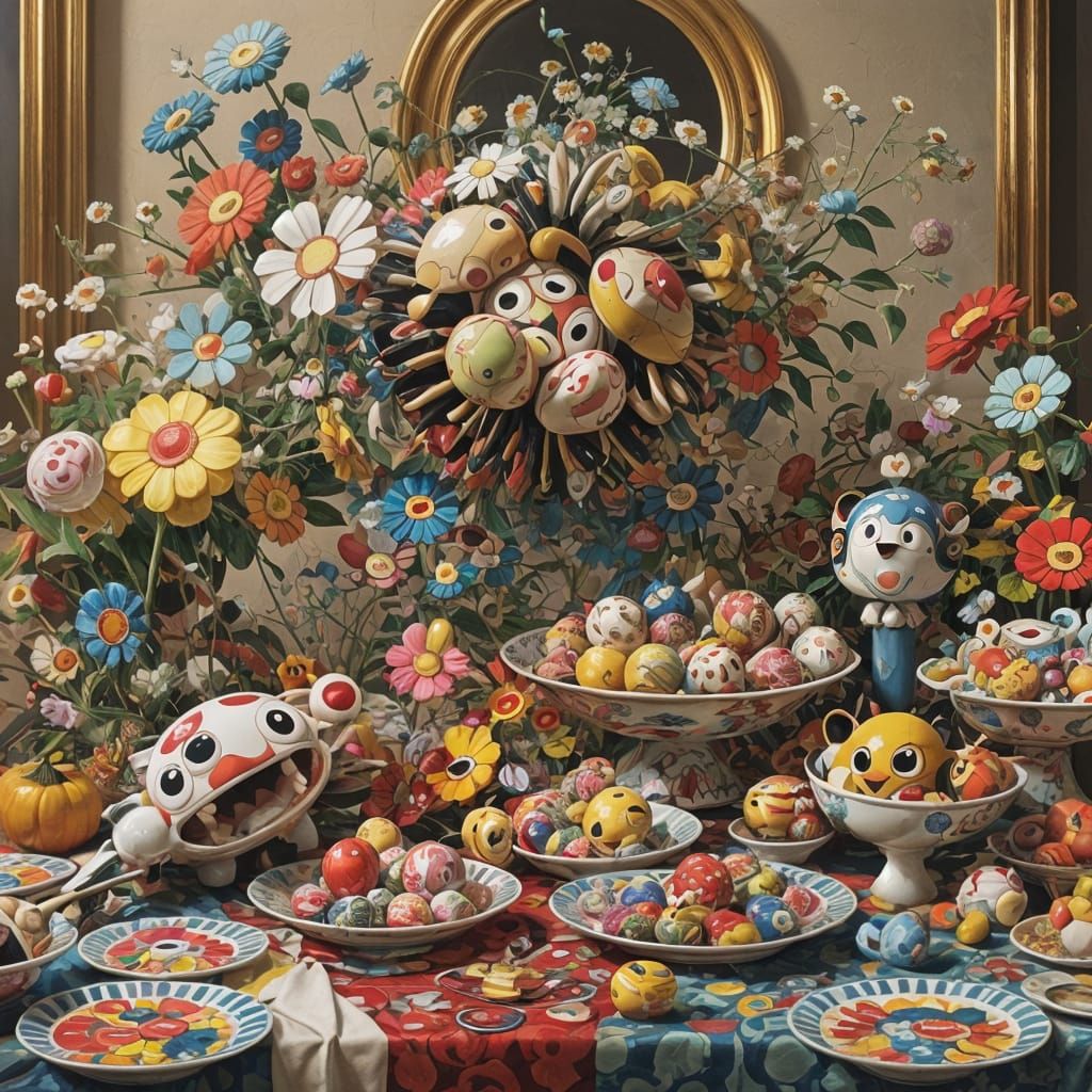 Vibrant Still Life in Takashi Murakami Style