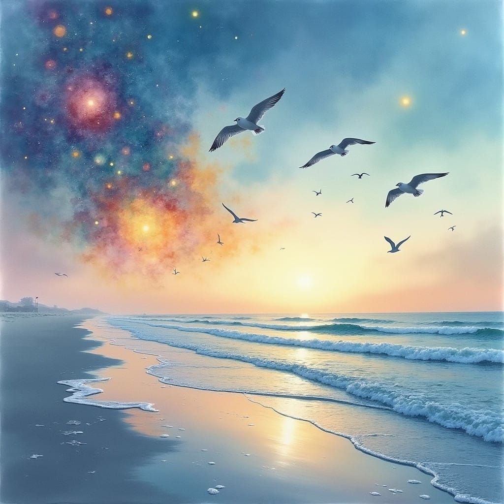 Ethereal Ocean Beach at Dusk in Soft Watercolor