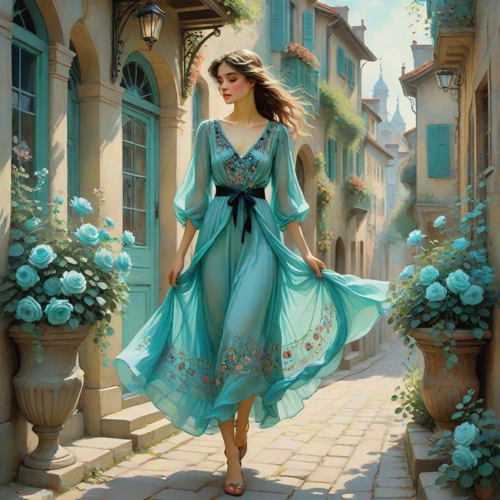 Romantic Turquoise Dream Scene in Watercolor Style